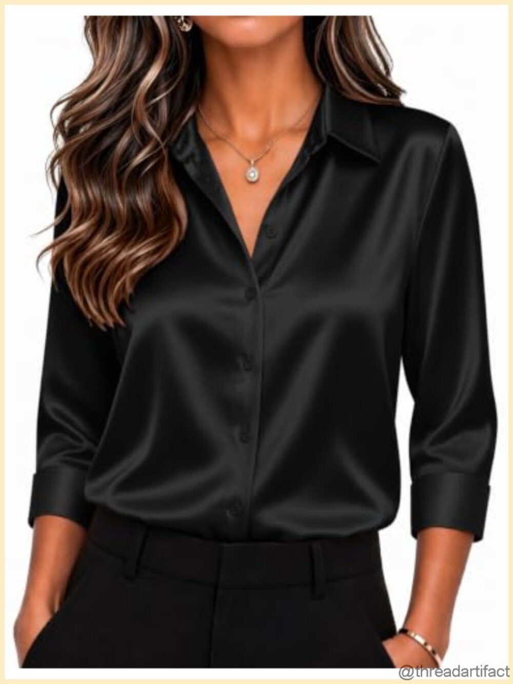 Satin Button-Down Blouse 3/4 Sleeve Dressy Work Top